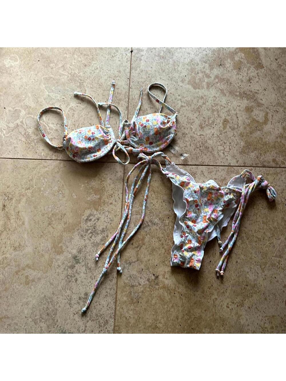 Pastel Rose Print Floral Tie-Up Bikini